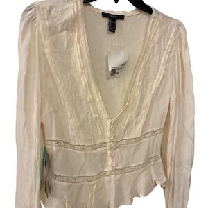 Forever 21 Womens Ivory Top NWT Embroidered Lace Trim Long Sleeve Blouse Size M